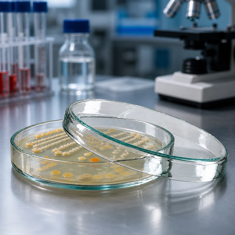 Placa de Petri de vidro 80x15mm Placas de Petri de vidro de 80 x 15 mm com culturas bacterianas num laboratório, ao lado de um microscópio e de tubos de ensaio
