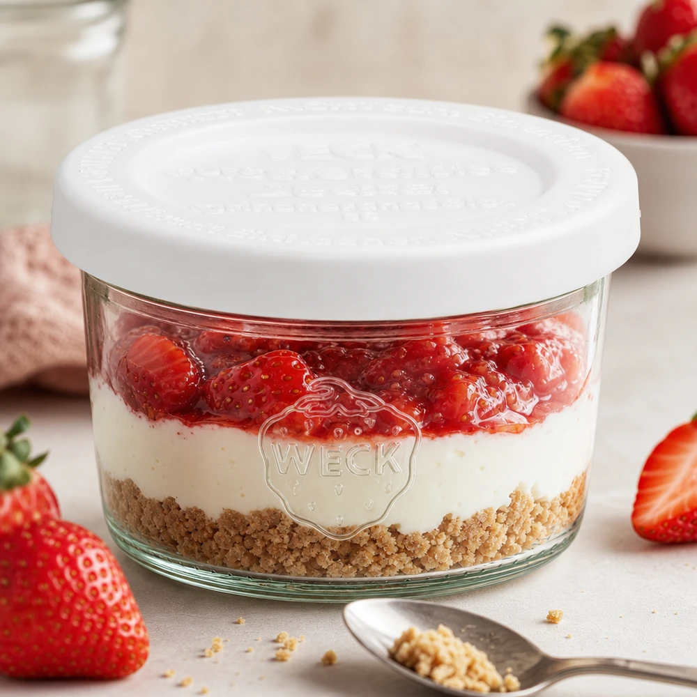 Frasco de vidro de 80 ml com tampa hermética WECK RR60 Copos WECK 80ml RR60 com sobremesa de morango e base de biscoito como sobremesa em camadas entre morangos frescos e colher