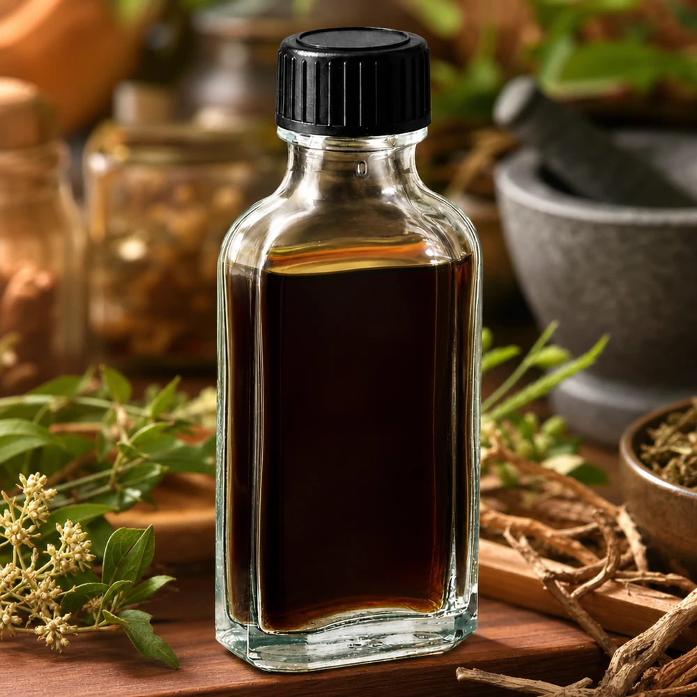 Frasco Meplat de 50 ml com óleo de ervas escuro e tampa de rosca preta sobre base de madeira