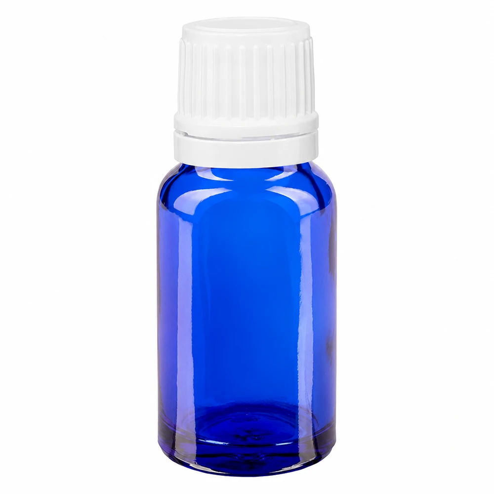 Frasco de vidro azul de farmácia com 10 ml, com tampa de rosca branca e selo de autenticidade
