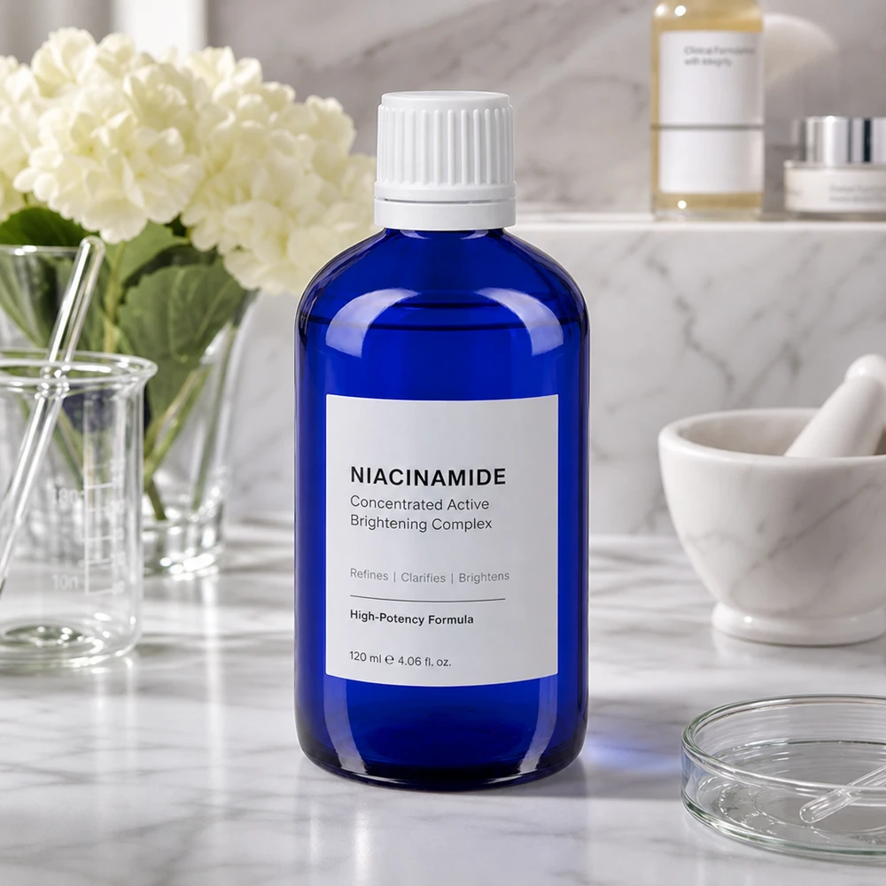 Frasco de farmácia azul 20ml tampa conta-gotas branco padrão resistente a crianças Frasco conta-gotas azul de 20 ml em vidro de farmácia com tampa de segurança para crianças branca sobre fundo de mármore