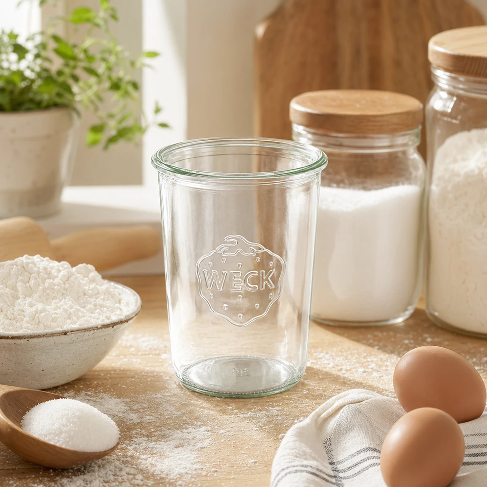 Copos de vidro de 850 ml WECK RR100 Frasco de vidro WECK RR100 de 850 ml transparente com logótipo em cima de uma mesa de madeira, ao lado de frascos de farinha, ovos e de armazenamento