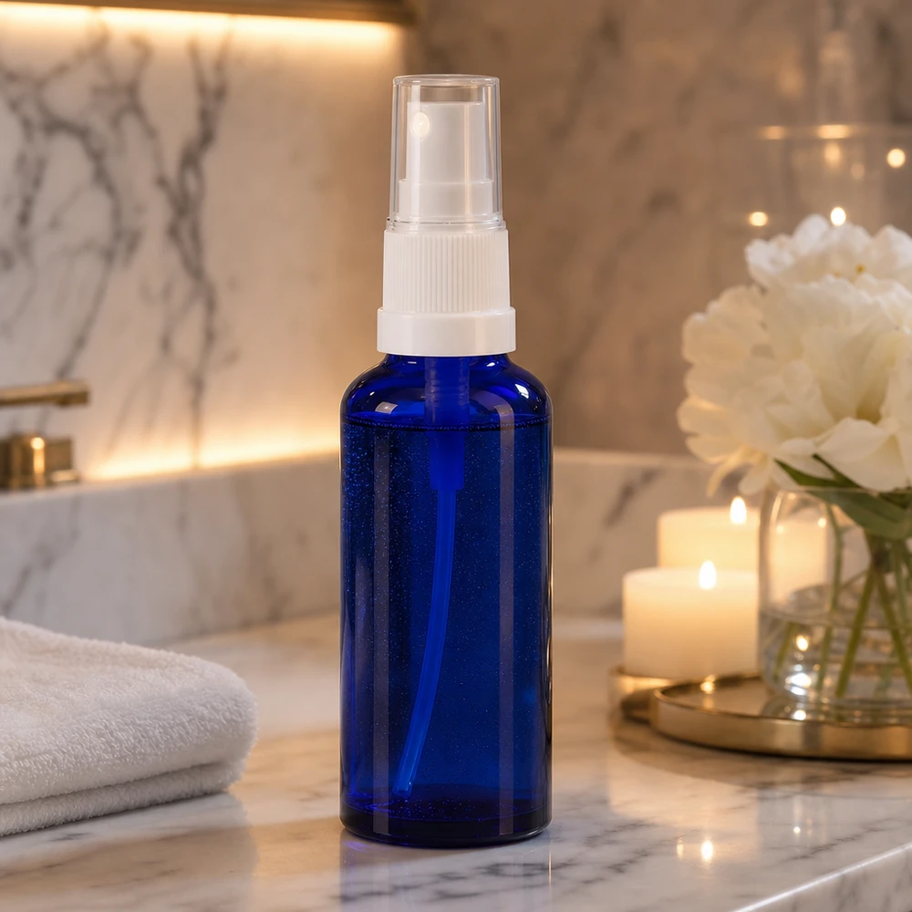 Frasco pulverizador de 30 ml em vidro de farmácia, azul cobalto, com bico pulverizador branco, numa elegante casa de banho com velas