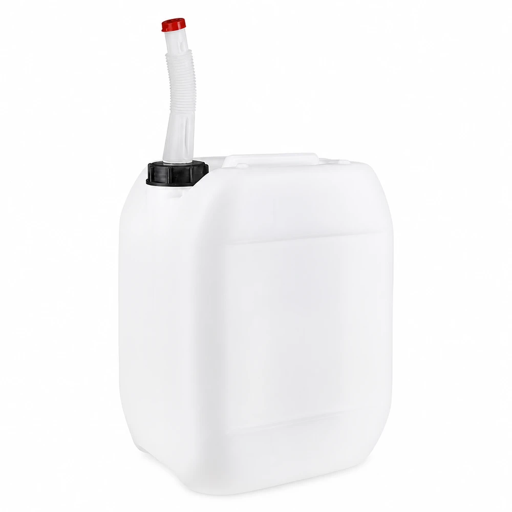 Bidão de 10 litros com tubo de saída flexível Bidão de plástico branco de 10 litros com bico de saída flexível e tampa vermelha