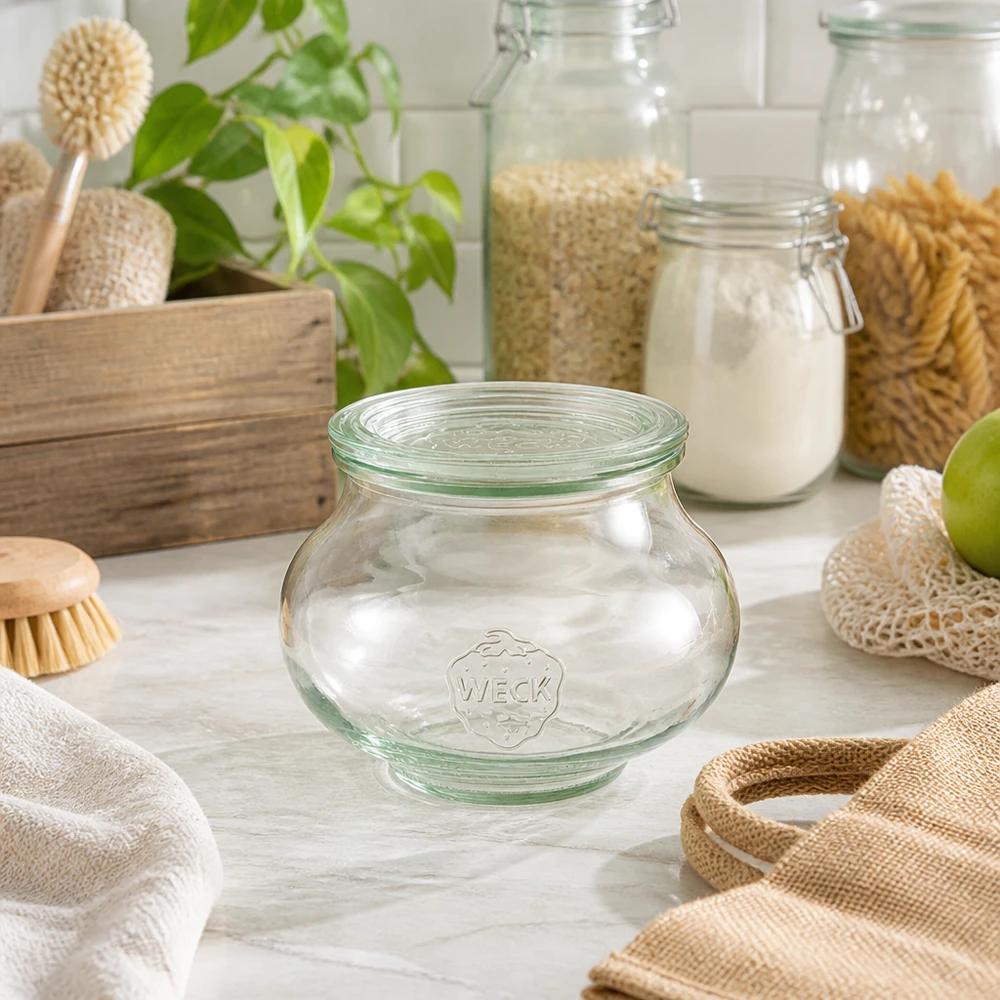 Frasco de jóias WECK 560ml RR80 em cozinha sustentável de desperdício zero com materiais naturais escovas de madeira e sacos de juta