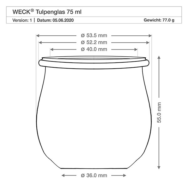 Frasco de tulipa de 75ml com tampa de vidro WECK RR40 Desenho técnico do frasco de tulipa WECK 75ml RR40 com dimensões Diâmetro Altura Peso Especificação do produto