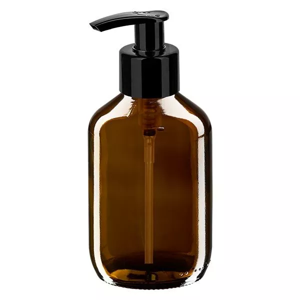 Frasco para medicamentos de 200ml castanho, com bomba doseadora preta ApoGlas Frasco para medicamentos de 200ml castanho, com bomba doseadora preta ApoGlas