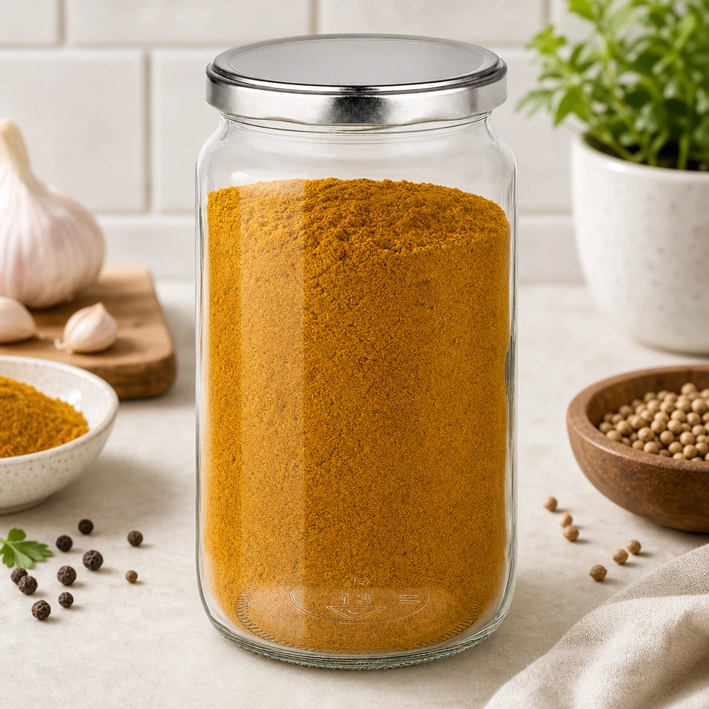 Frasco redondo de 795 ml com tampa BasicSeal cheio de especiarias em pó na cozinha, ao lado dos coentros e do alho
