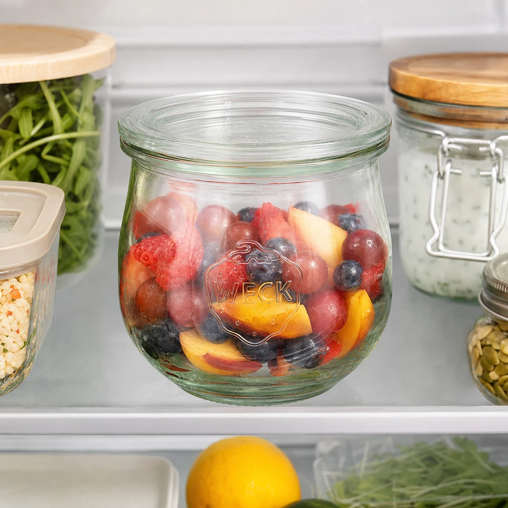 370ml Tulpenglas mit Glasdeckel WECK RR80 Frasco tulipa WECK 370ml RR80 com salada de fruta fresca no frigorífico para uma arrumação prática dos alimentos