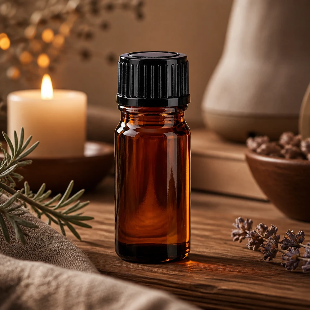 Frasco de farmácia castanho 5ml tampa de rosca preta standard Frasco de vidro de 5 ml na cor âmbar com tampa de rosca preta de 11 mm, sobre um fundo de madeira com ervas