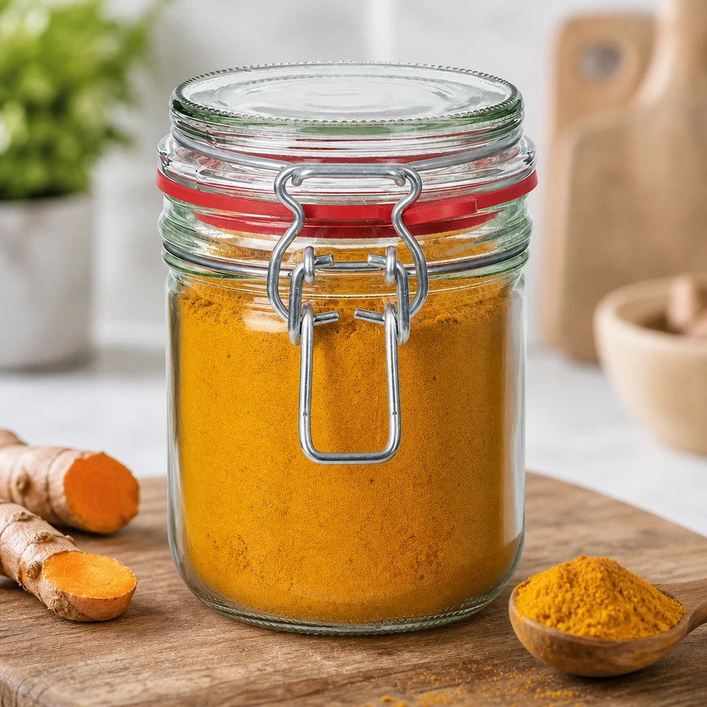 Frasco de conserva de 400 ml, tipo G, com tampa de fecho de alça UN.. Açafrão-da-terra em frasco de 400 ml com tampa basculante, perfeito para especiarias e pó de cozinha