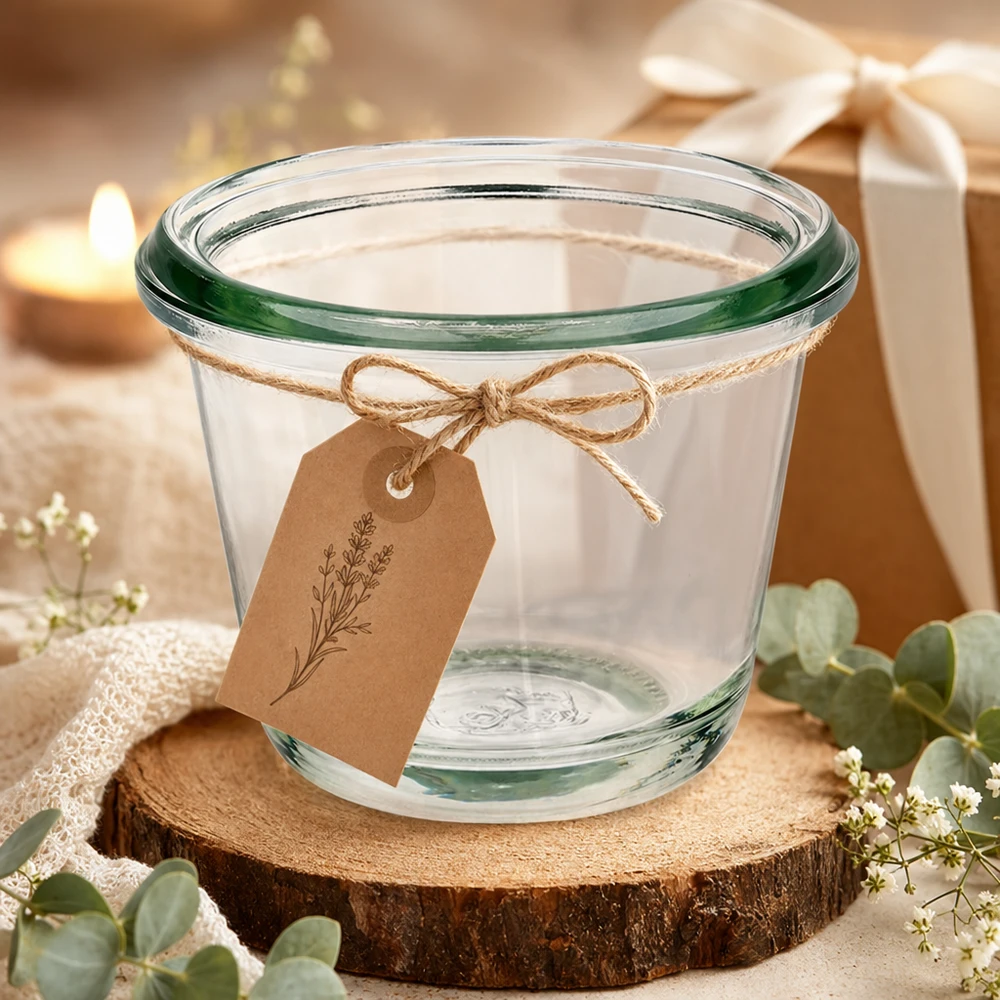 Frasco gourmet WECK RR60 de 80 ml decorado com etiqueta de papel kraft num disco de madeira em decoração festiva