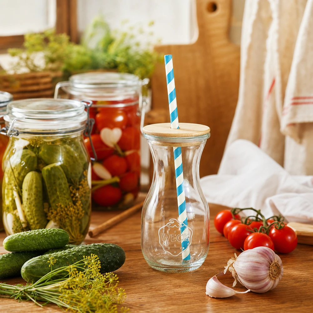 6 x garrafa de sumo WECK 290ml RR60 com tampa de madeira e 100 eco S Garrafa de sumo WECK 290ml cenário de cozinha com pepinos em conserva tomates legumes frescos tampa de madeira palhinha ecológica