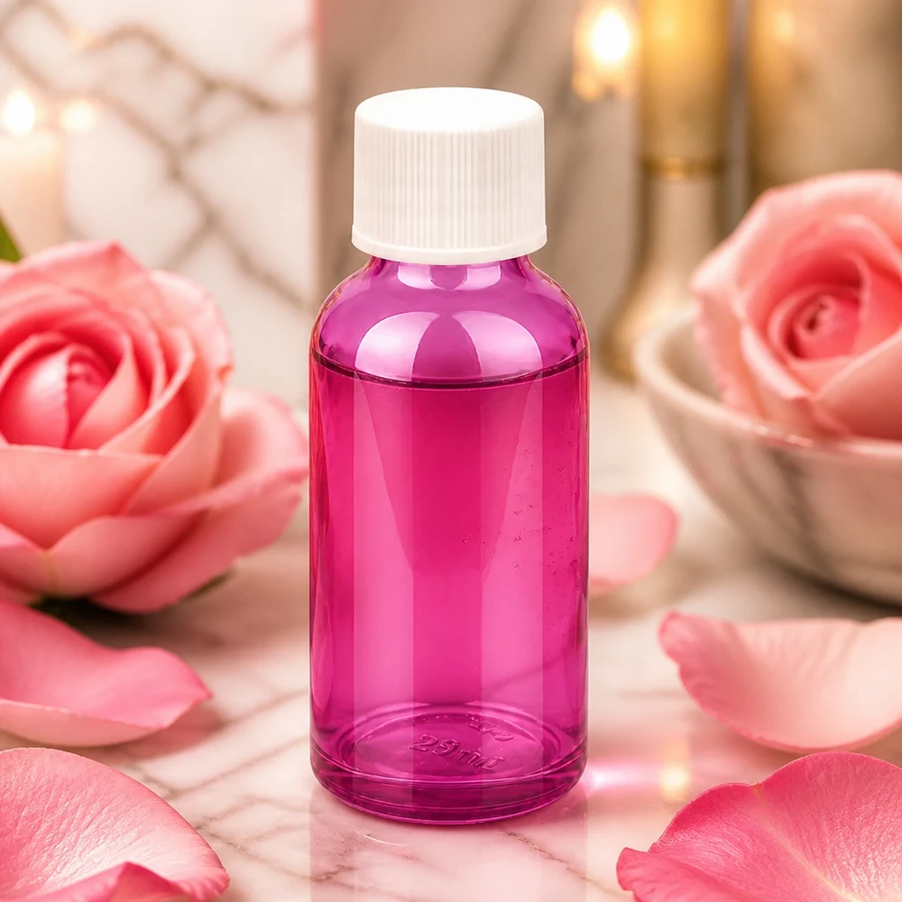 Frasco roxo de 30 ml com tampa branca ideal para perfume e aromaterapia