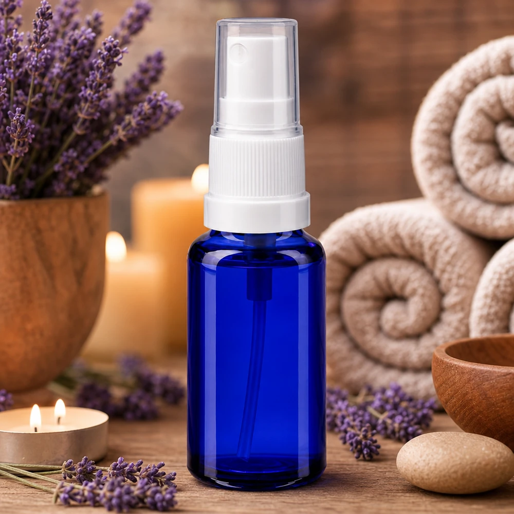 Pequeno frasco de farmácia com pulverizador de 20 ml, em vidro azul com pulverizador branco, para óleos essenciais