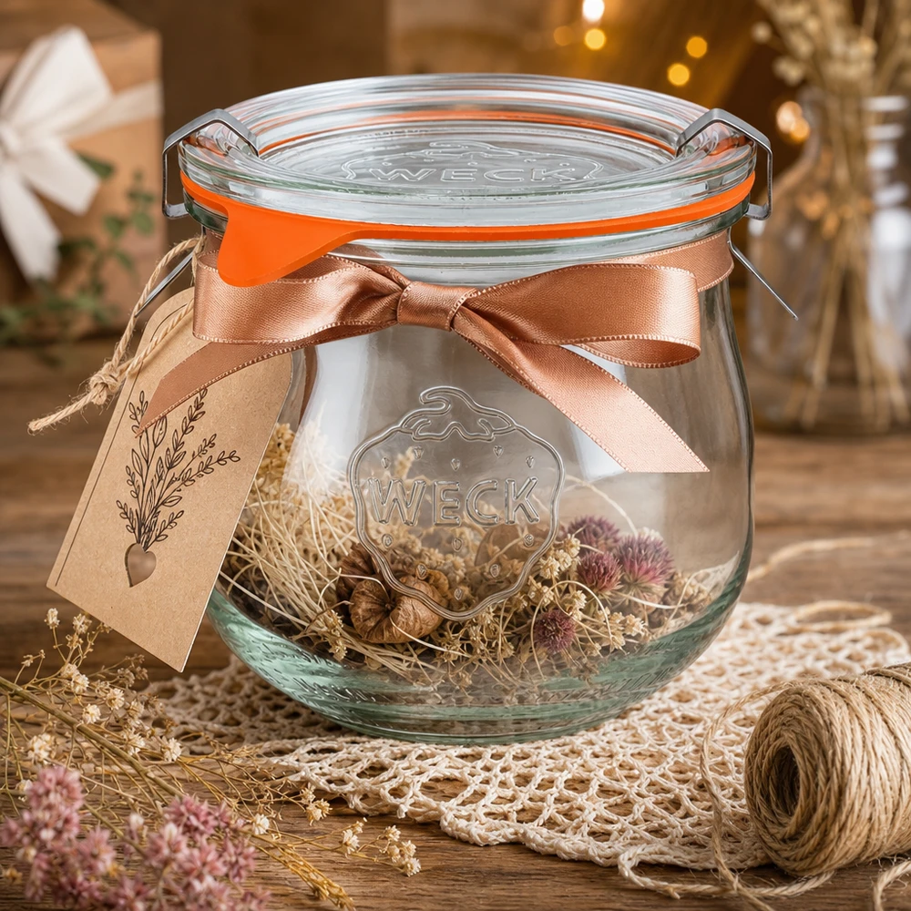 Jarra de tulipas WECK 370ml RR80 decorada com flores secas, fita de cetim e etiqueta de presente como ideia de artesanato