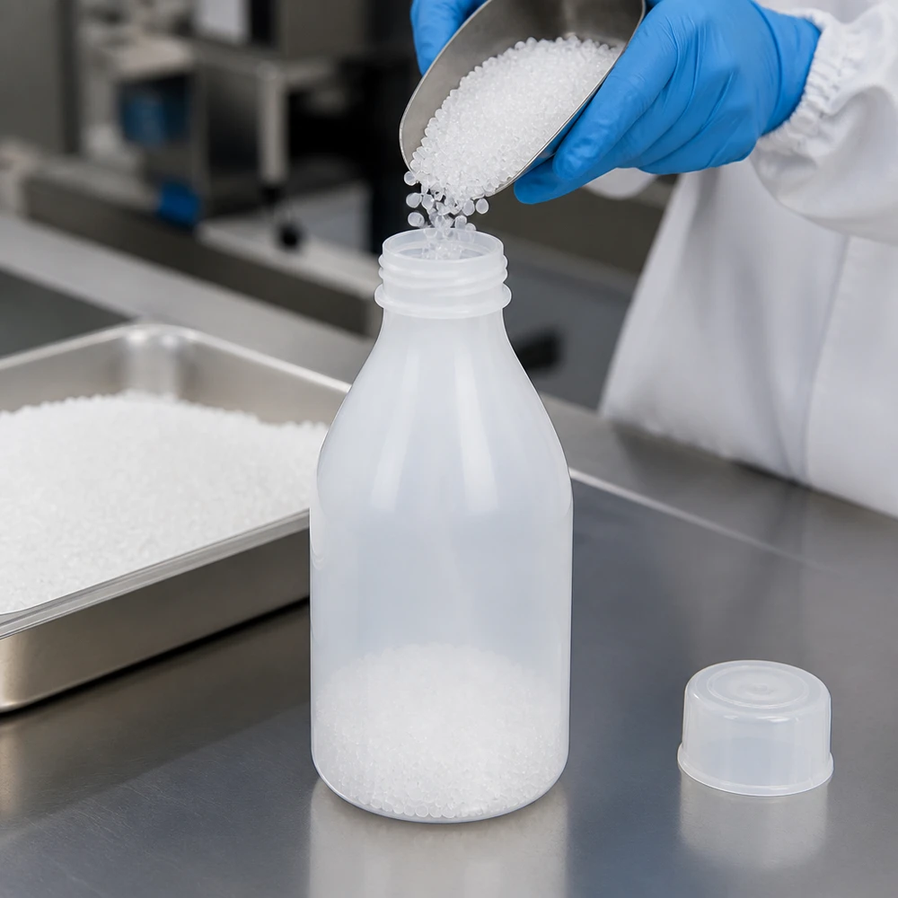 Frasco de 100ml com rosca, frasco de laboratório com gargalo estreito Um técnico de laboratório enche um frasco de gargalo estreito com tampa de rosca, de 100 ml, com grânulos de plástico branco, utilizando uma pá de metal