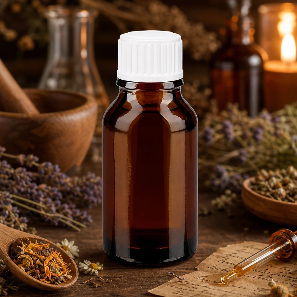 Frasco de farmácia castanho de 30 ml, com vidro protetor contra a luz e tampa branca, entre ervas e plantas medicinais