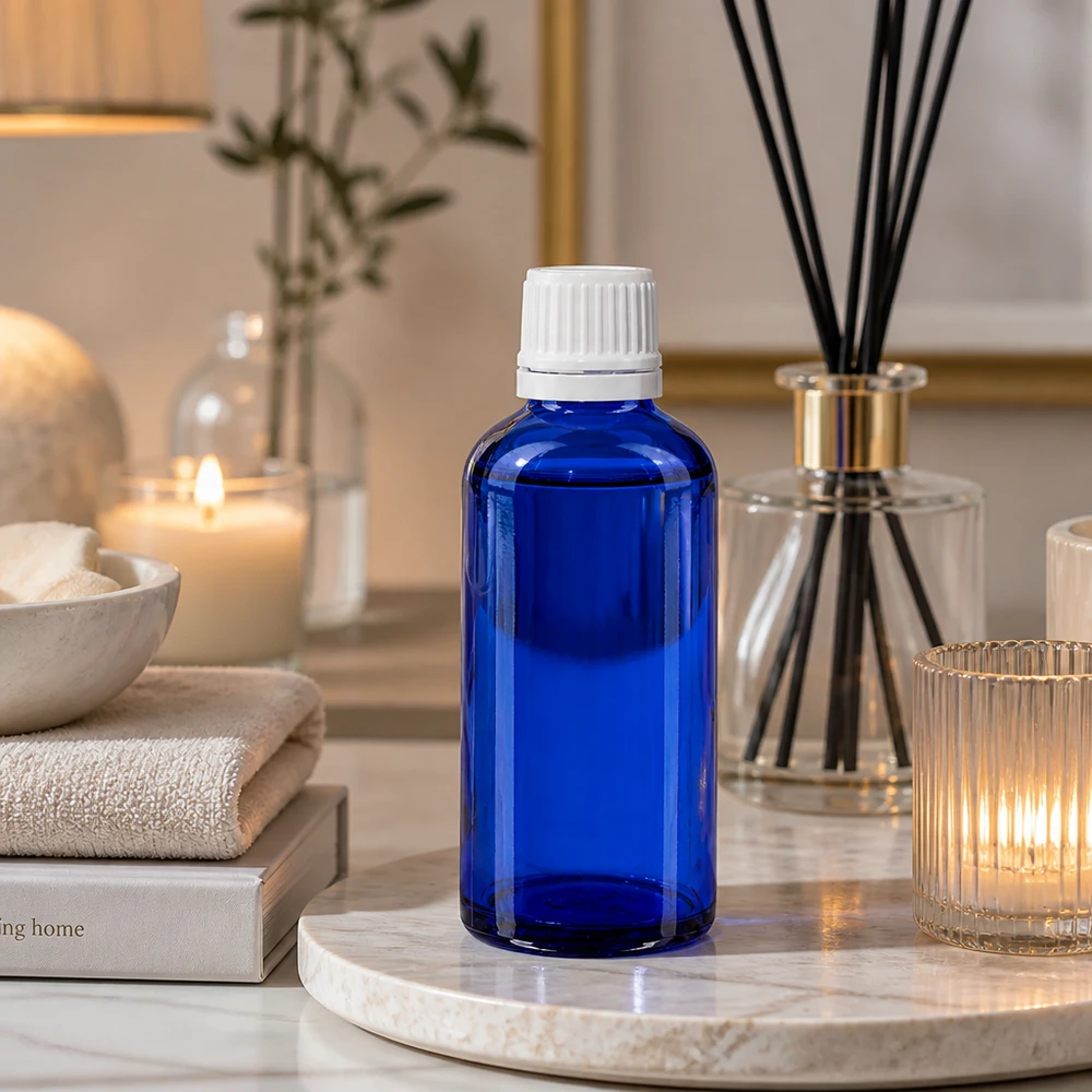 Frasco de farmácia azul 50ml tampa de rosca branca fecho inviolável Frasco de farmácia azul cobalto de 50 ml com tampa de rosca branca, num ambiente relaxante semelhante ao de um spa