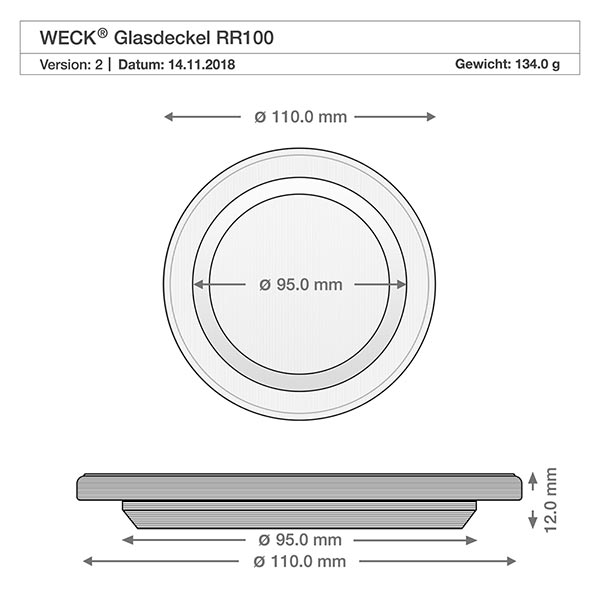Frasco cilíndrico de 1590ml com tampa de vidro WECK RR100 Desenho técnico da tampa de vidro WECK RR100 dimensões 110 mm diâmetro 95 mm dimensão interior 12 mm altura peça sobresselente cilindro de vidro