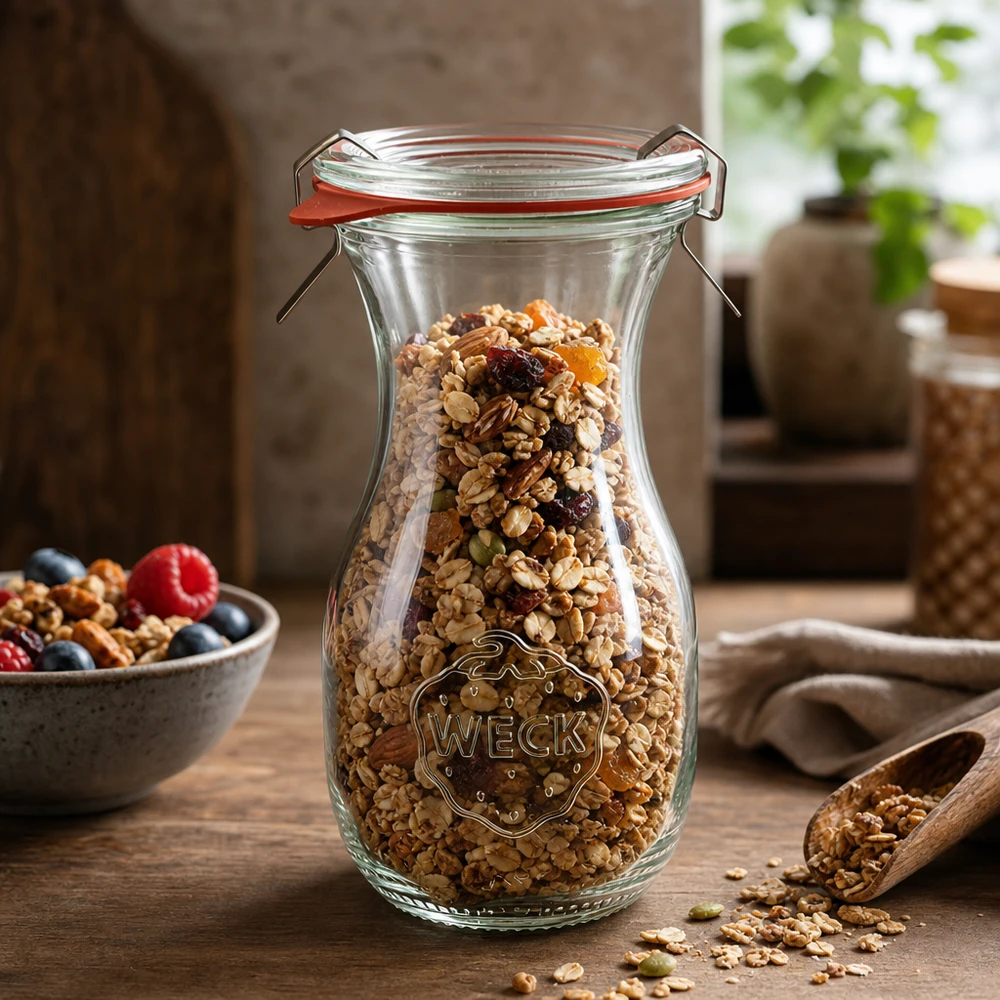 Garrafa de sumo WECK 290ml RR60 cheia de muesli e frutos secos para guardar alimentos