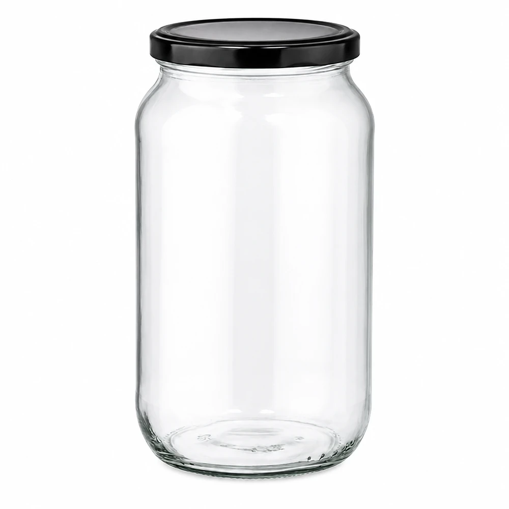 Frasco redondo de 1062 ml com tampa BasicSeal preta UNiTWIST Frasco redondo de 1062 ml com tampa BasicSeal preta - frasco de conserva vazio em vidro transparente para alimentos e armazenamento