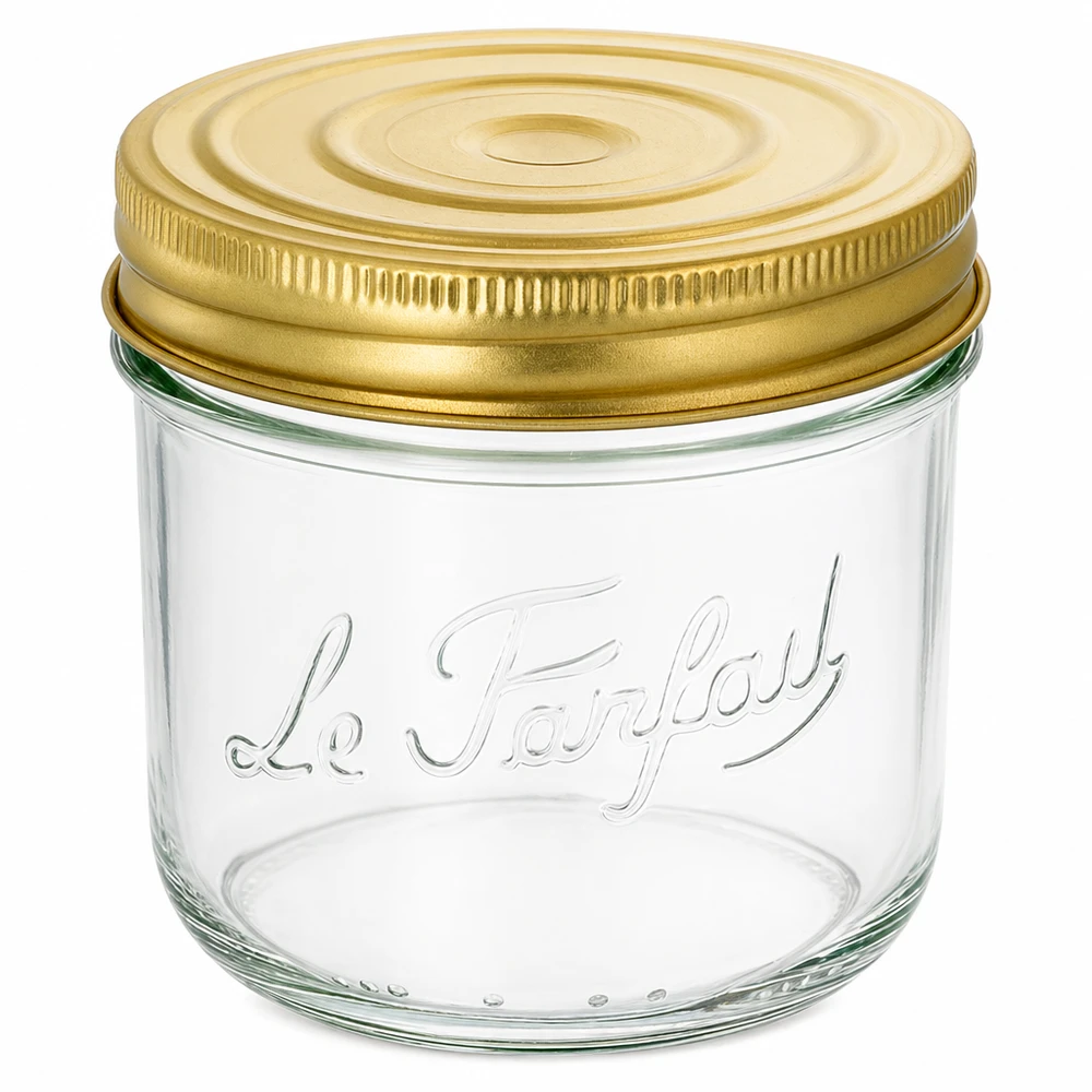 Frasco de vidro Familia Wiss de 415 ml com tampa de rosca dourada e relevo Le Parfait para conservar e enlatar