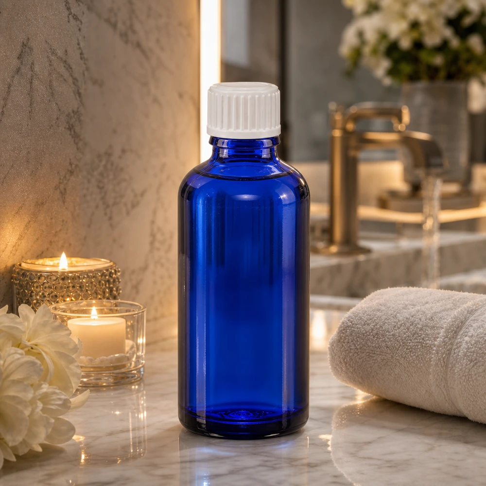 Frasco conta-gotas azul de 50 ml da ApoGlas com tampa STD branca sobre uma superfície de mármore na casa de banho