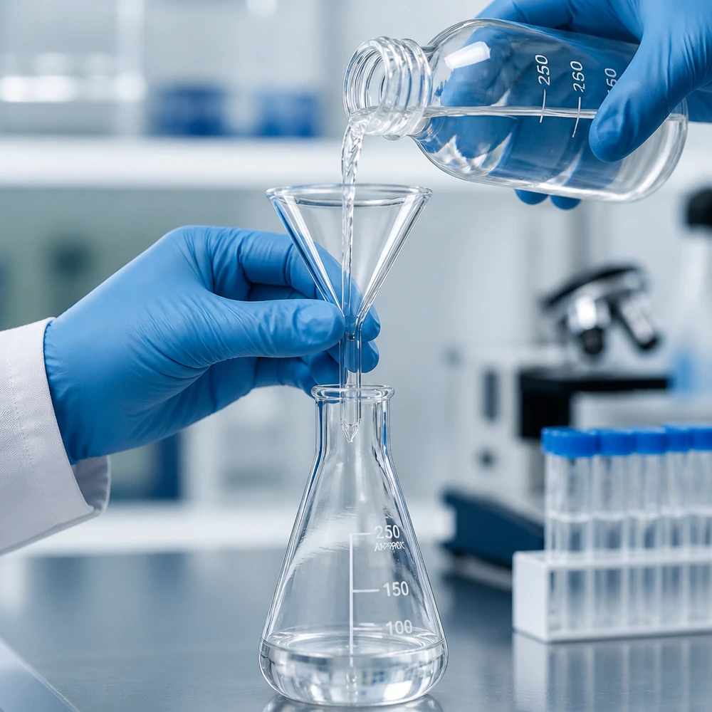 Funil ø40mm cal sodada, ângulo 60°, estilo curto Funil de vidro transparente com 40 mm de diâmetro em vidro de cal sodada para um trabalho limpo no laboratório