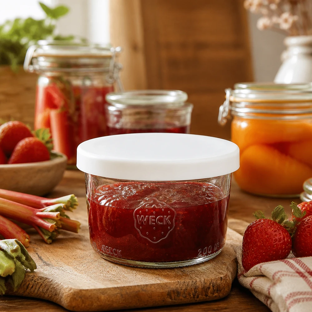 Copos WECK RR80 de 200 ml com compota de morango e tampa de silicone branca na cozinha rústica com fruta fresca