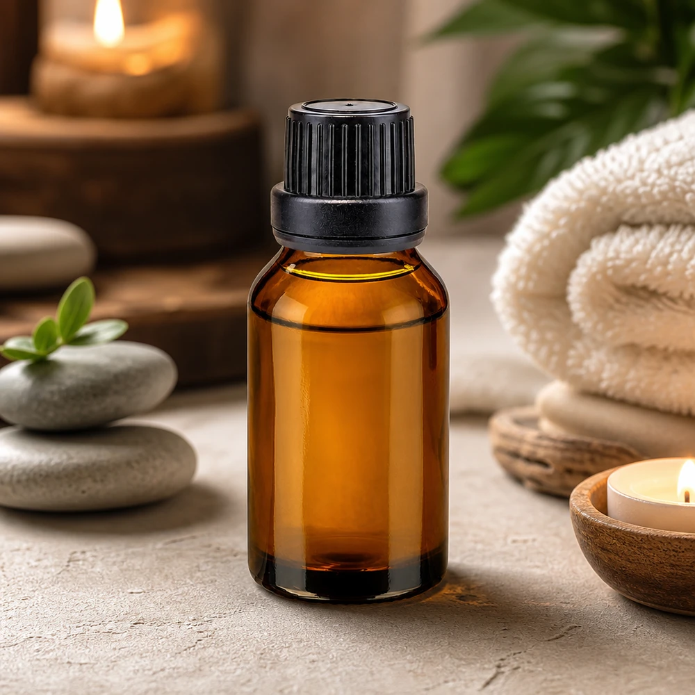 Frasco de farmácia castanho 15ml com tampa de rosca preta inviolável Frasco de vidro castanho para aromaterapia de 15 ml com tampa de rosca preta, entre pedras de massagem e velas
