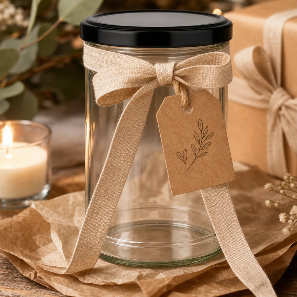 Copos de 1053 ml com tampa preta em embalagem de oferta decorada com um laço e uma etiqueta de papel kraft