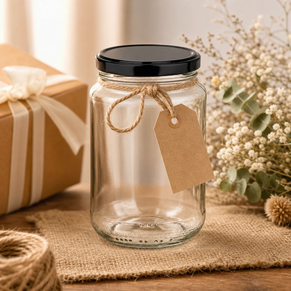 Frasco redondo de 375 ml decorado com etiqueta de papel kraft e cordão de juta como embalagem de presente frasco de conserva