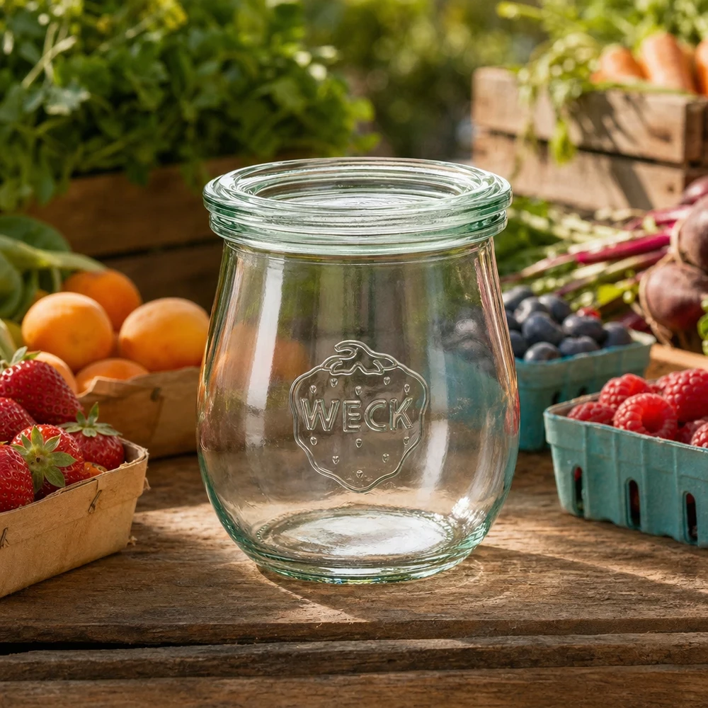 Jarro de tulipas WECK 220ml RR60 vazio numa mesa de madeira rodeado de frutas e legumes frescos num ambiente de jardim natural