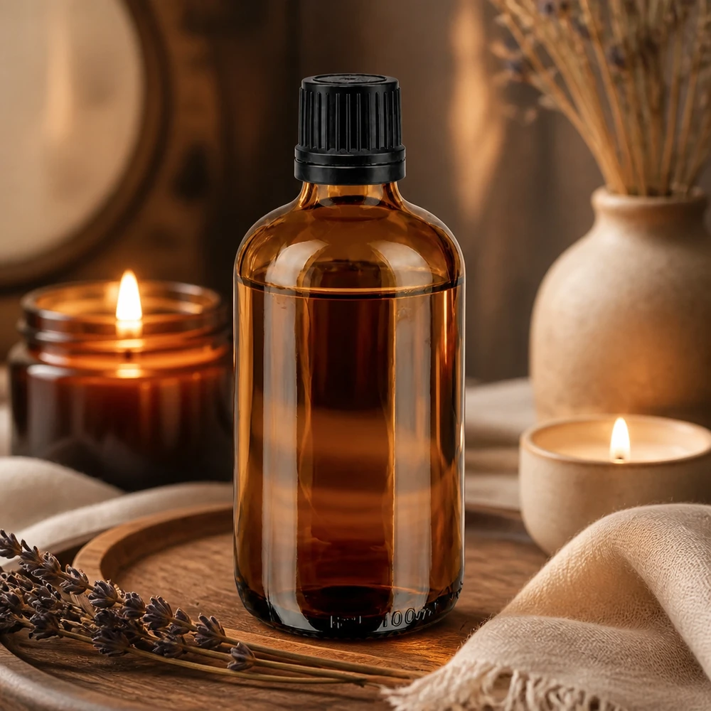 Pequeno frasco de vidro castanho de 100 ml com tampa de segurança para crianças e que garante a autenticidade do produto, destinado a óleos essenciais