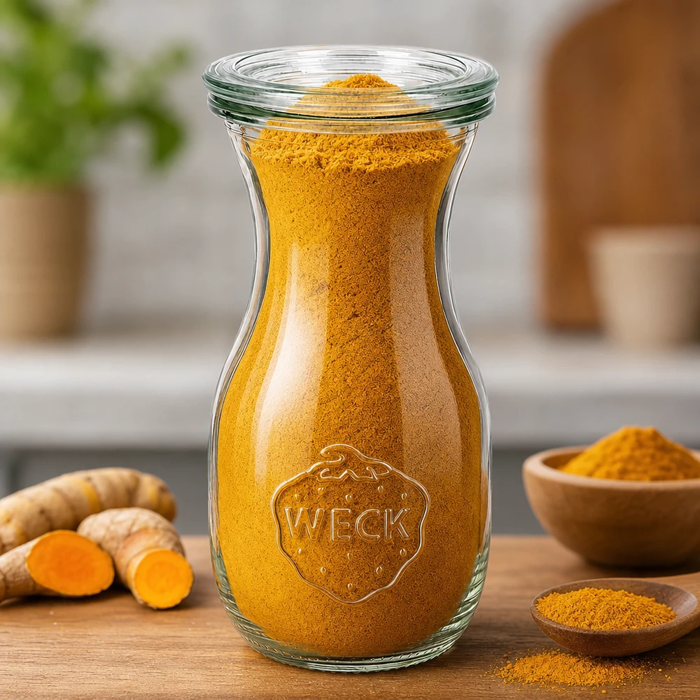 Garrafa de sumo WECK 290ml RR60 cheia de curcuma em pó ao lado de raízes frescas de curcuma e tigelas de madeira na mesa da cozinha