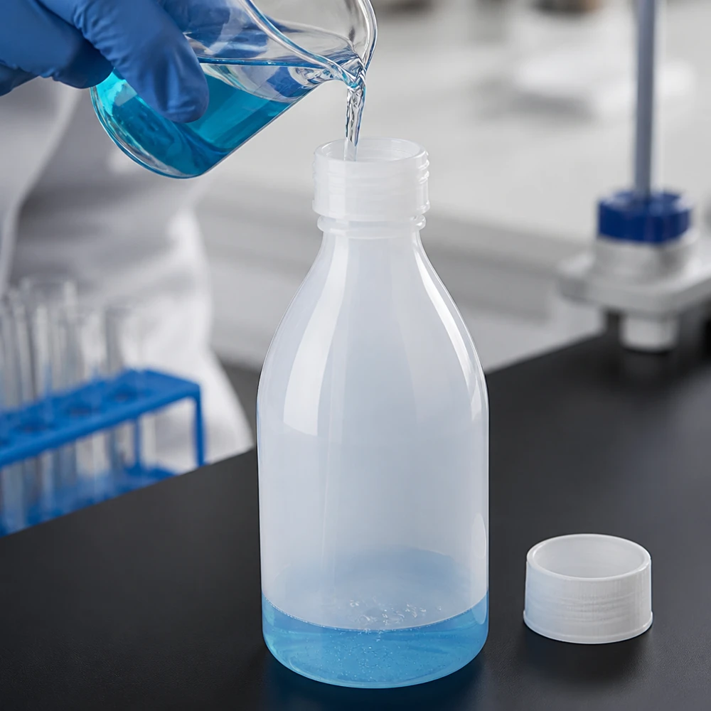 Frasco de 100ml com rosca, frasco de laboratório com gargalo estreito O líquido azul é vertido de um copo de laboratório para um frasco transparente de 100 ml com tampa de rosca e gargalo estreito
