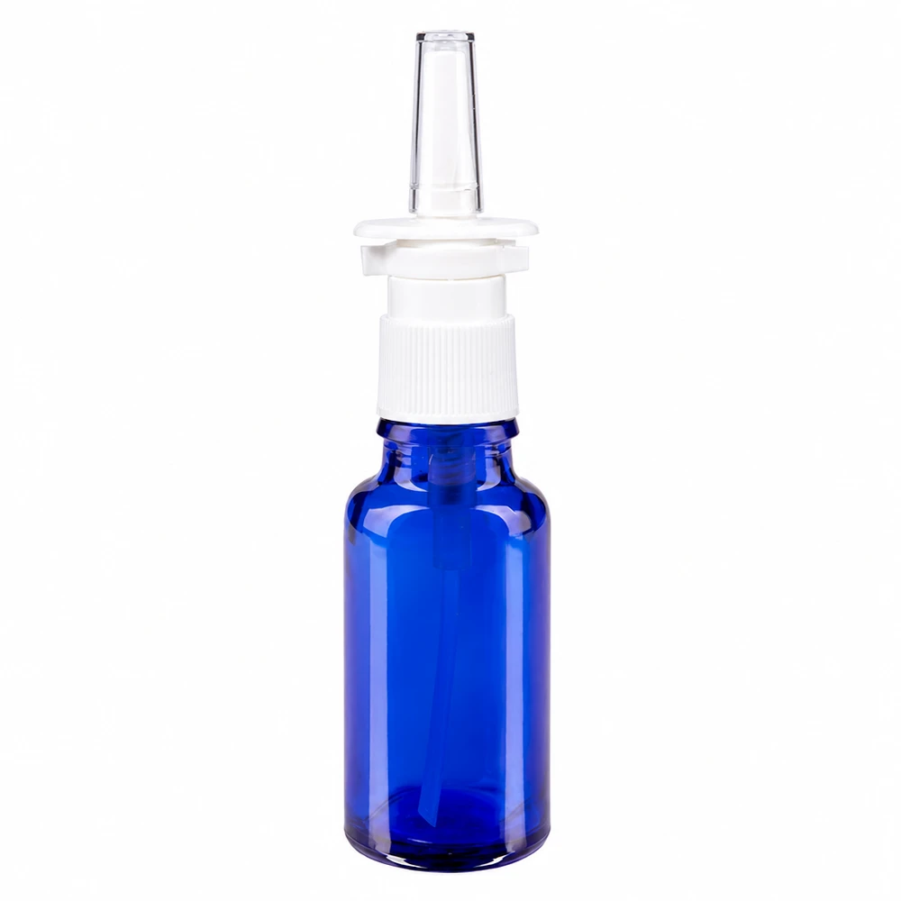 Frasco de vidro azul de 20 ml com bico pulverizador nasal branco e bocal transparente para farmácias