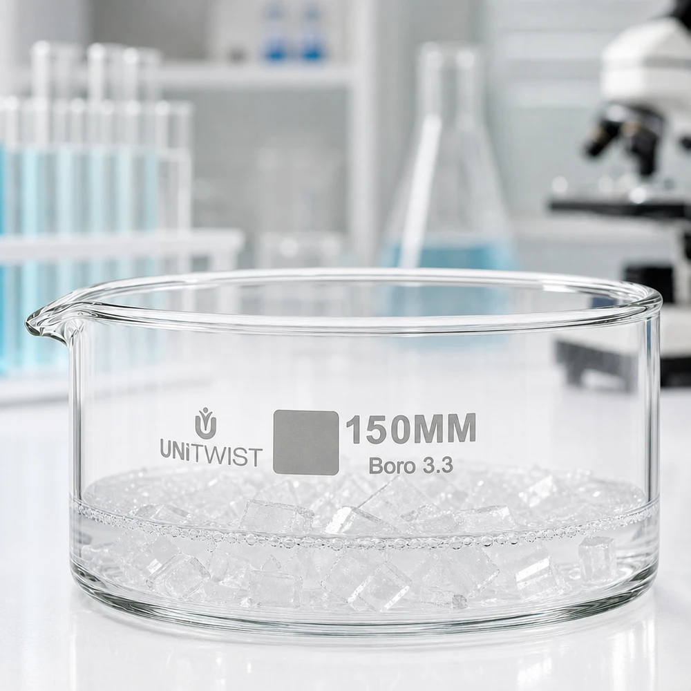 Taça de vidro plana de 150 mm UNiTWIST Boro 3.3 com cubos de gelo no laboratório