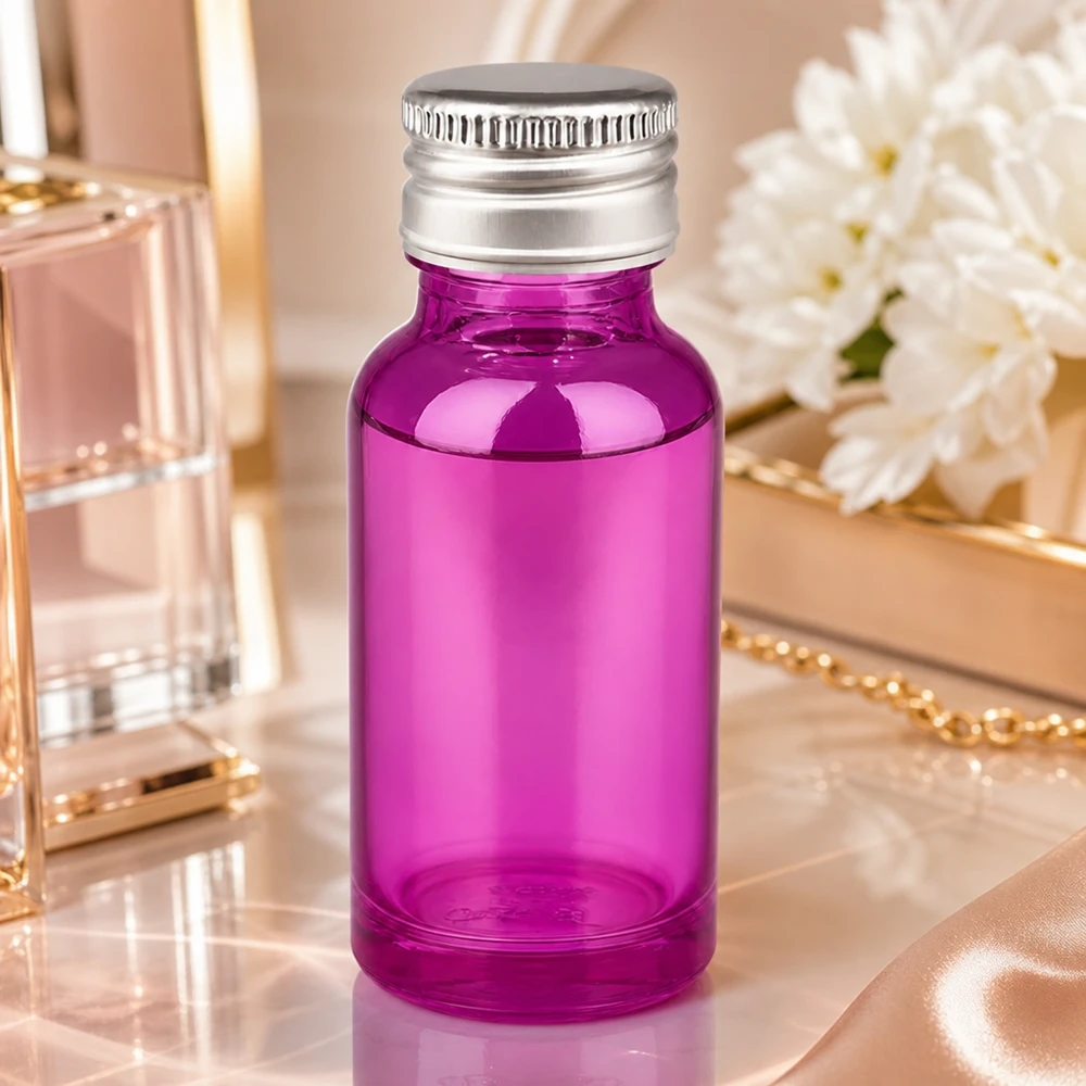 Frasco de 20 ml com tampa de rosca de 11 mm em alumínio-prata padrão PurpleLine.UT18/20 Frasco elegante de 20 ml em violeta brilhante com tampa prateada para produtos cosméticos de alta qualidade