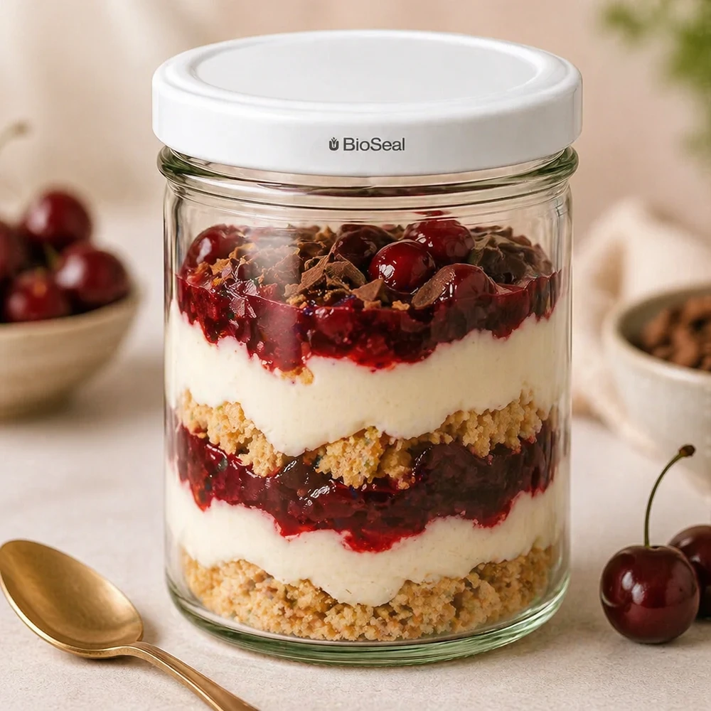 UNiTWIST Copos de 167 ml com tampa BioSeal sobremesa em camadas compota de cereja crumble vidro de sobremesa cena de cozinha colher dourada