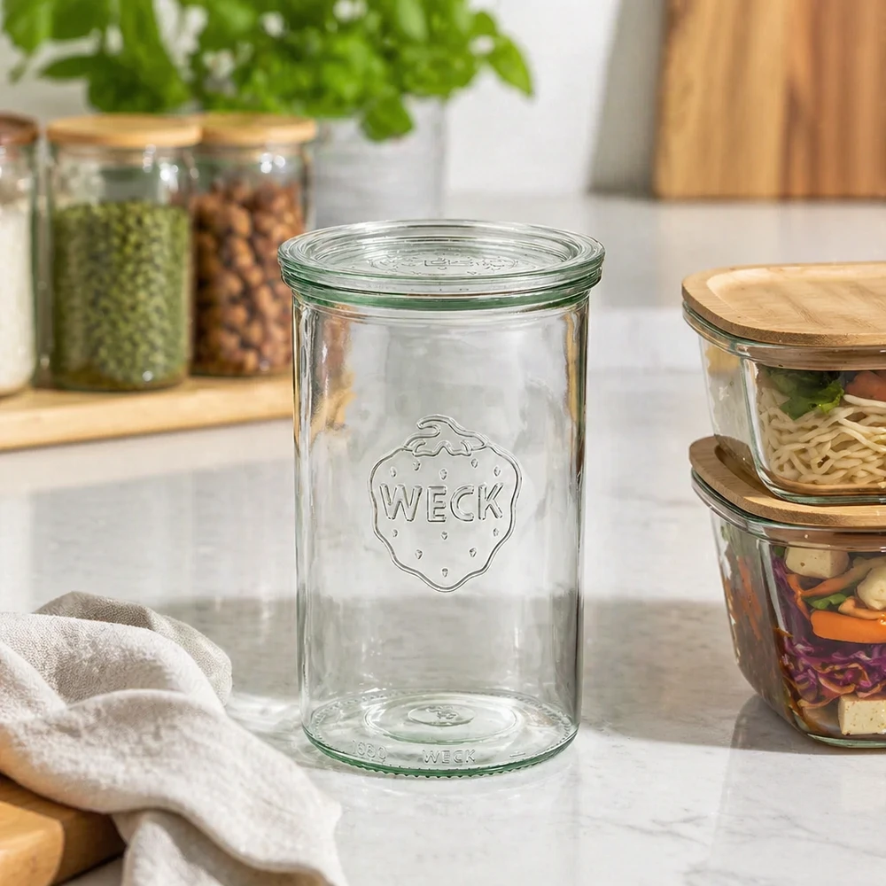 Frasco de conserva WECK 1000ml RR100 vazio na bancada da cozinha entre os frascos de arrumação com frutos secos e especiarias