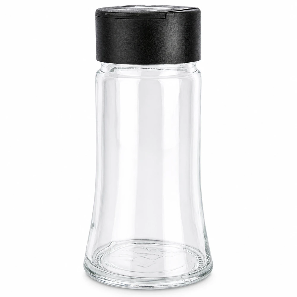 Frasco para sal/especiarias de 95 ml com espalhador duplo preto Frasco vazio para especiarias de 95 ml, em vidro transparente, com tampa dupla de plástico preta para espalhar especiarias