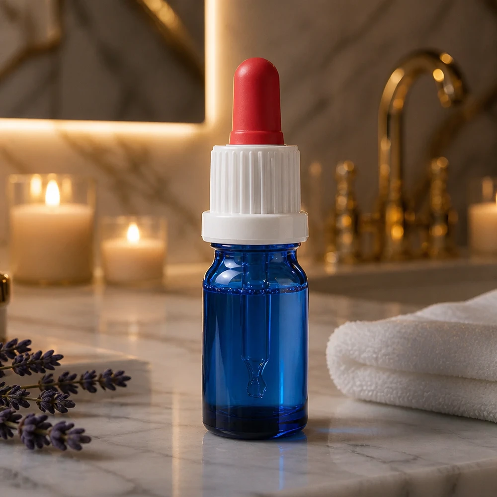 Frasco pipeta de 5 ml branco/vermelho com fecho inviolável BlueLine UT18/5 Frasco de pipeta azul elegante de 5 ml com tampa branca numa atmosfera luxuosa de casa de banho BlueLine UT18/5