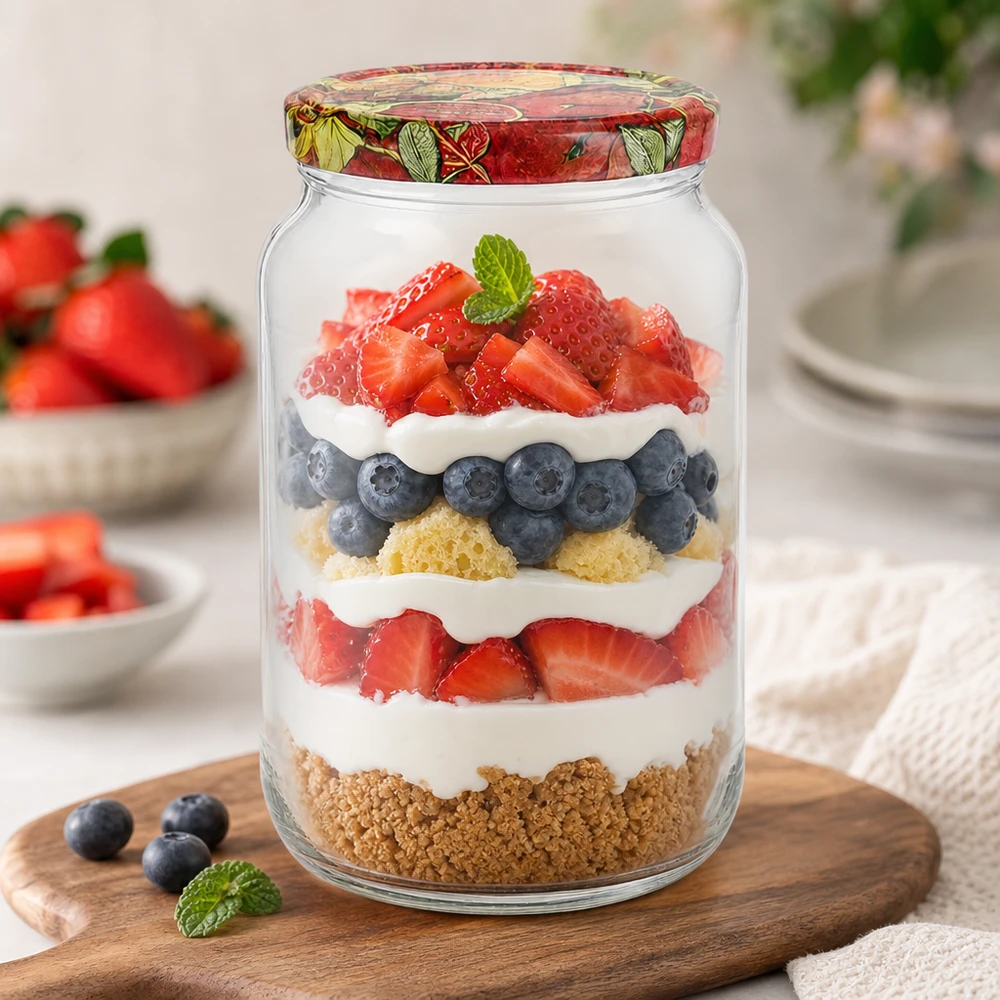 Frasco redondo de 1062 ml com tampa BasicSeal decoração de fruta sobremesa em camadas bagas creme biscoito base trifle frasco de pedreiro para sobremesa