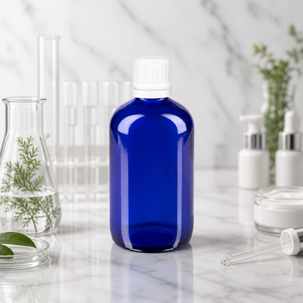 Frasco de farmácia de vidro azul de 100 ml com tampa OV branca de 11 mm, no laboratório, entre os frascos de Erlenmeyer e os tubos de ensaio