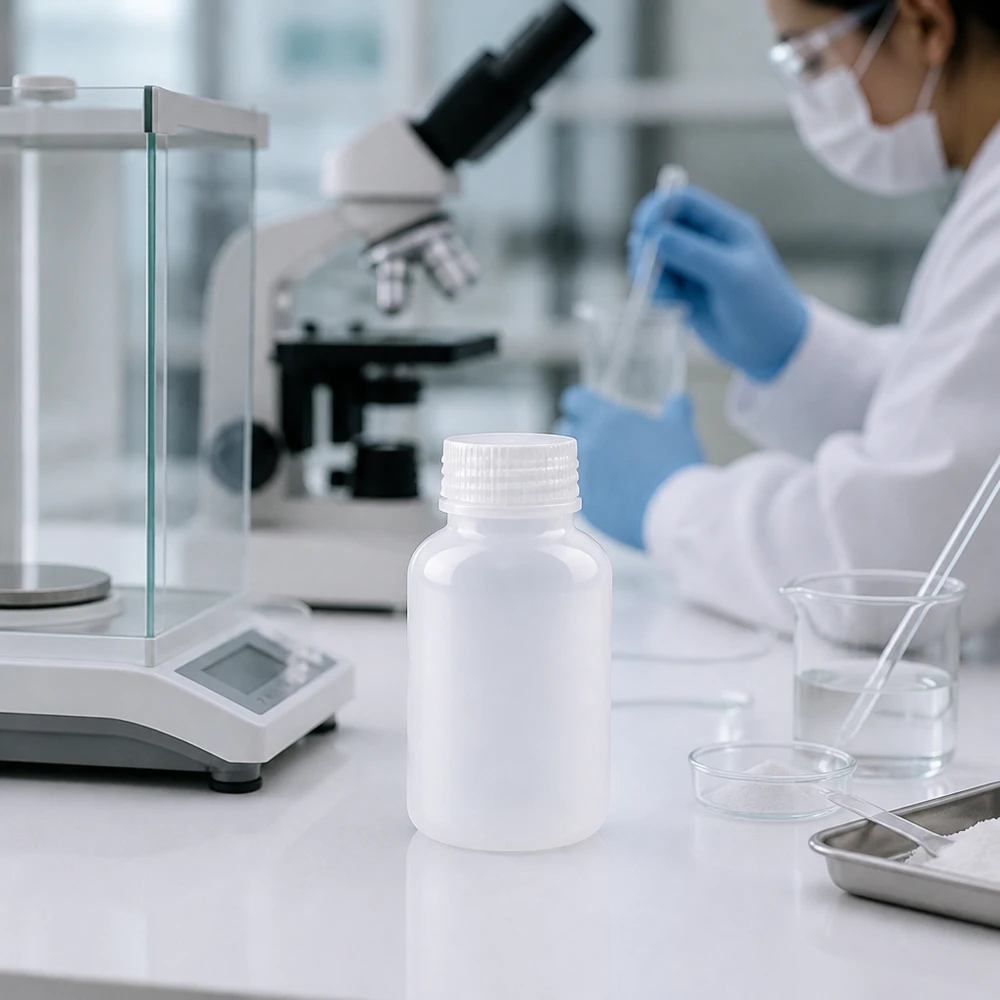 Frasco de laboratório compacto de 100 ml, de gargalo largo e sem tampa, ao lado da balança analítica e do microscópio no laboratório