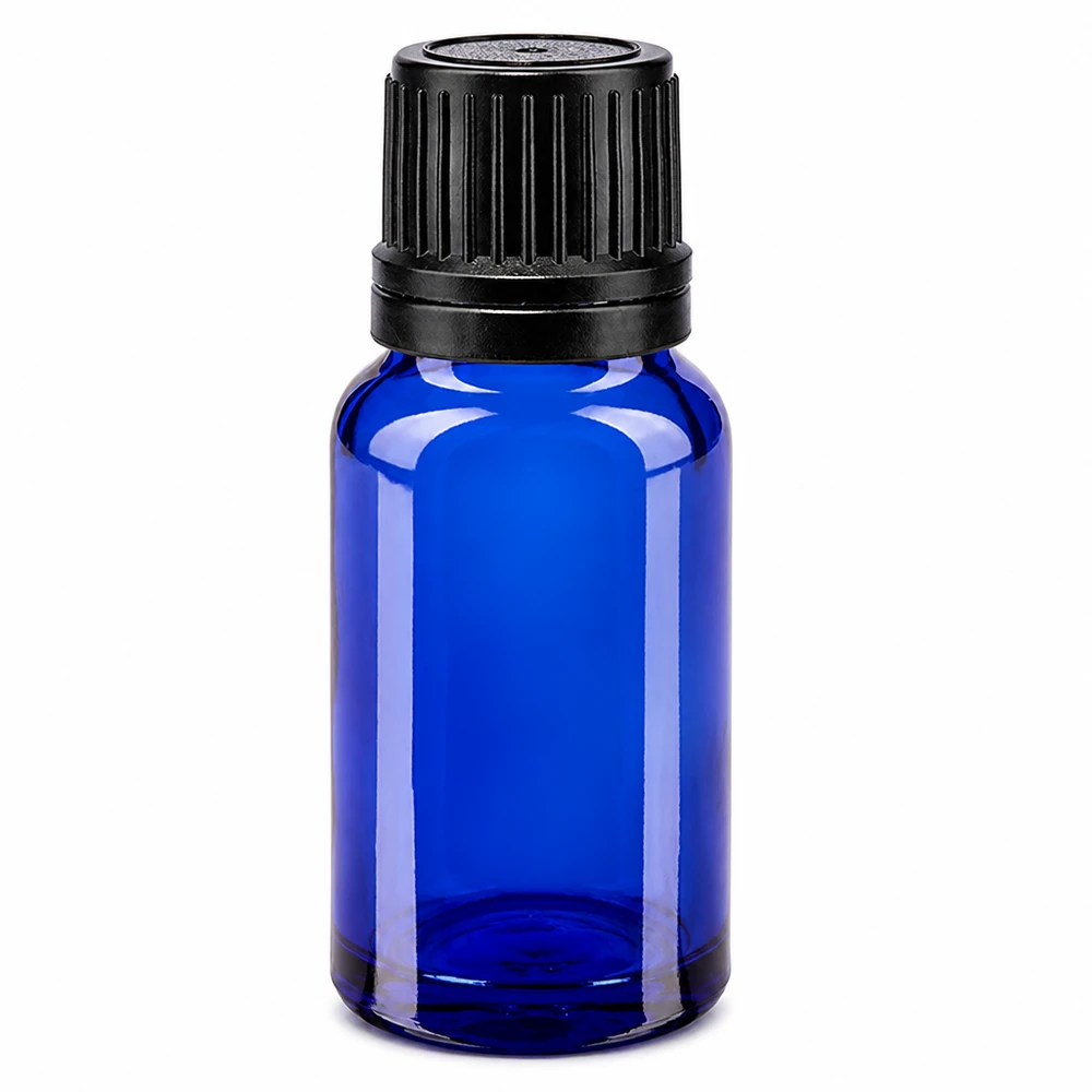 Frasco de vidro de farmácia azul de 10 ml com tampa OV preta, em vidro borossilicato de alta qualidade