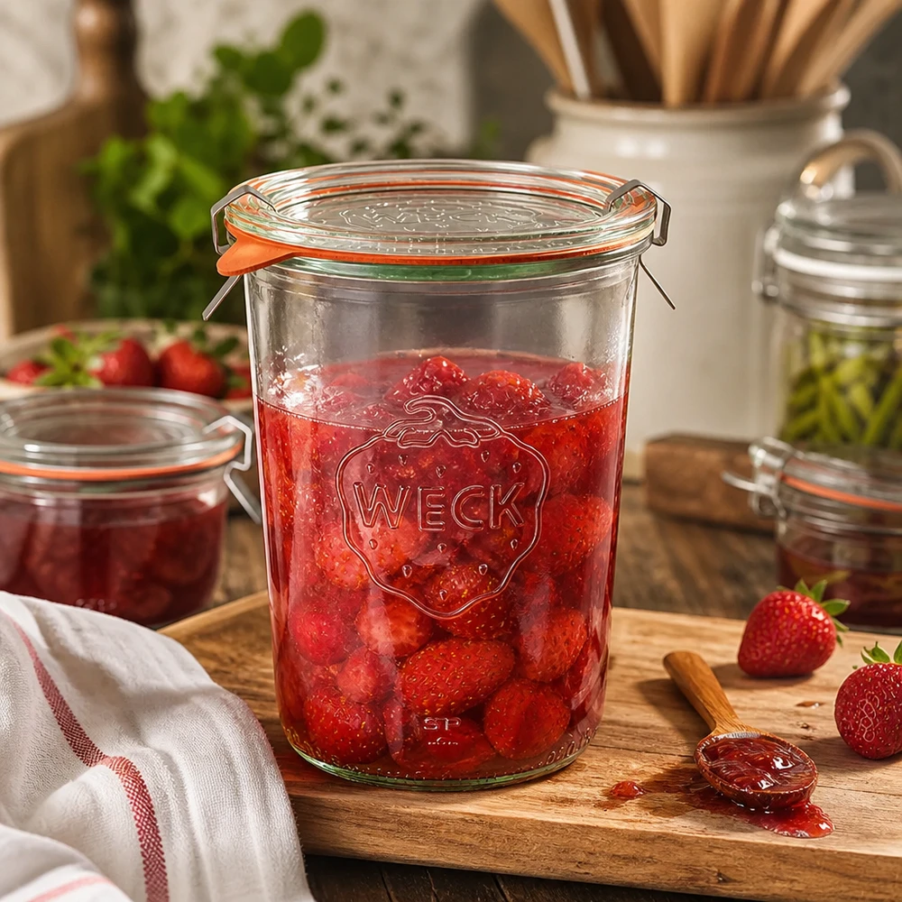 Frasco de conserva WECK de 850 ml cheio de compota de morango sobre uma tábua de madeira numa cozinha rústica com morangos frescos