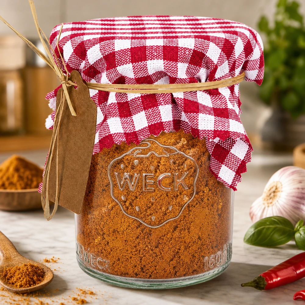 Cobertura para jóias em tecido xadrez bordeaux quadrado 12cm Pano decorativo xadrez bordeaux de 12 cm quadrado sobre frasco de especiarias WECK com pimentão e ervas aromáticas em cozinha de casa de campo